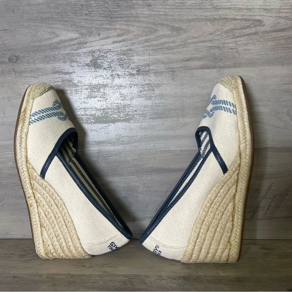 Sperry Womens 6 Tan Blue Knot Nautical Top Sider Espadrilles‎ Closed Toe Wedge
